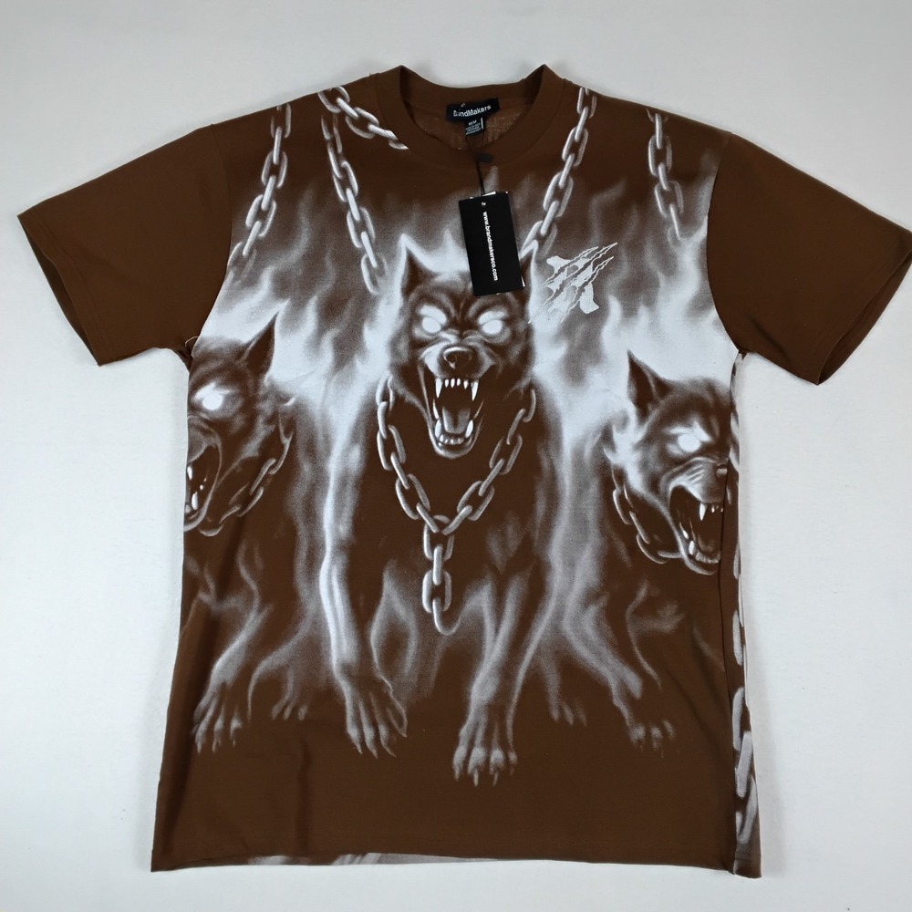 BrandMakers Cerberus Hellhound Airbrush Graphic Tee Mens L Brown Chains NWT